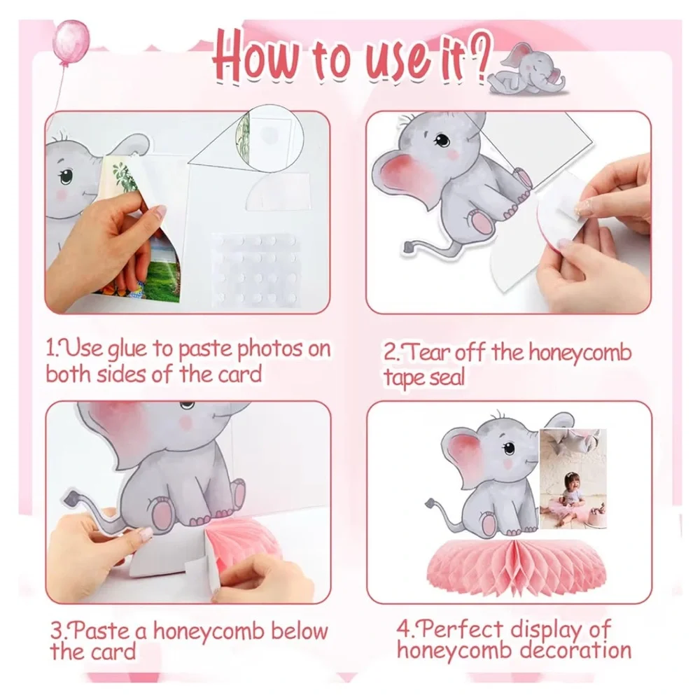 9 Pcs Elephant Honeycomb Centerpiece Pink Elephant Baby Shower centerpiece